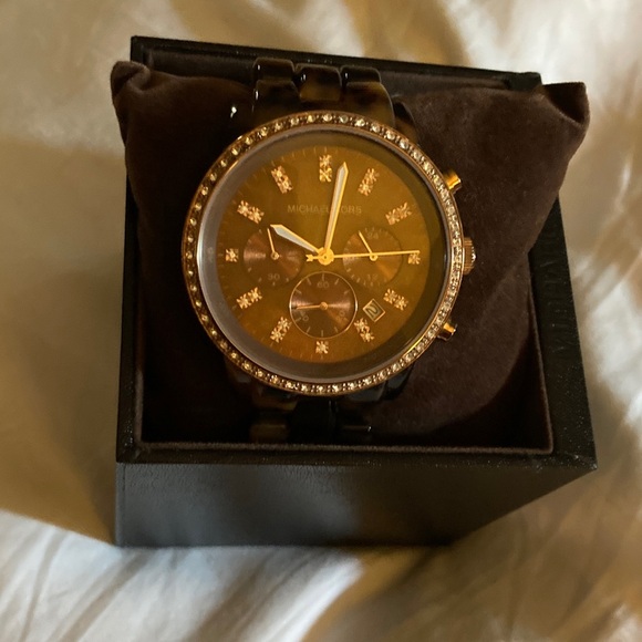 Michael Kors Bronze Tortoise Crystal and Gold Watch - Picture 5 of 6